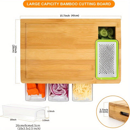 Bamboo Cutting Board with Storage Trays & Graters