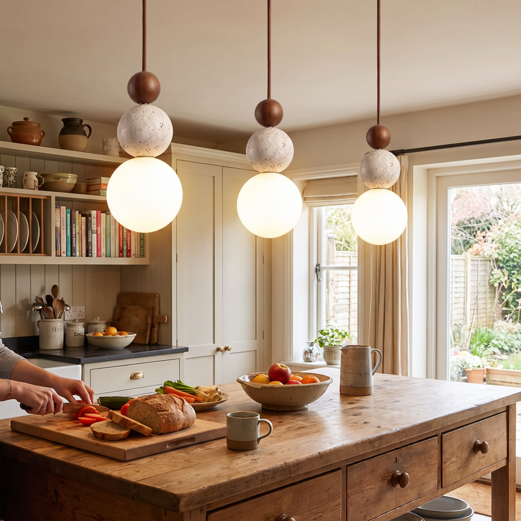 Cleonice Pendant Light | Travertine, Wood & Glass Hanging Lamp