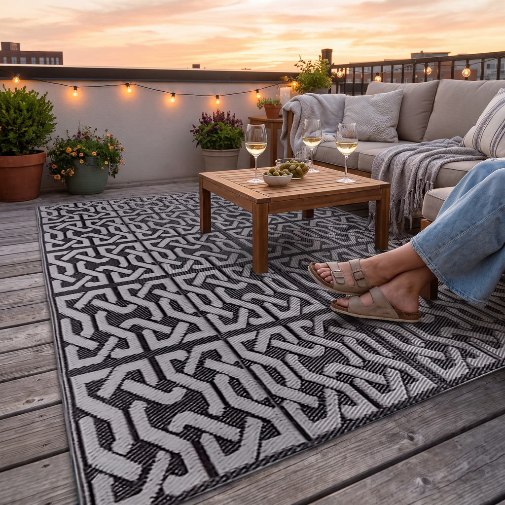 Reversible Outdoor Rug | Black & Grey Modern Patio Mat