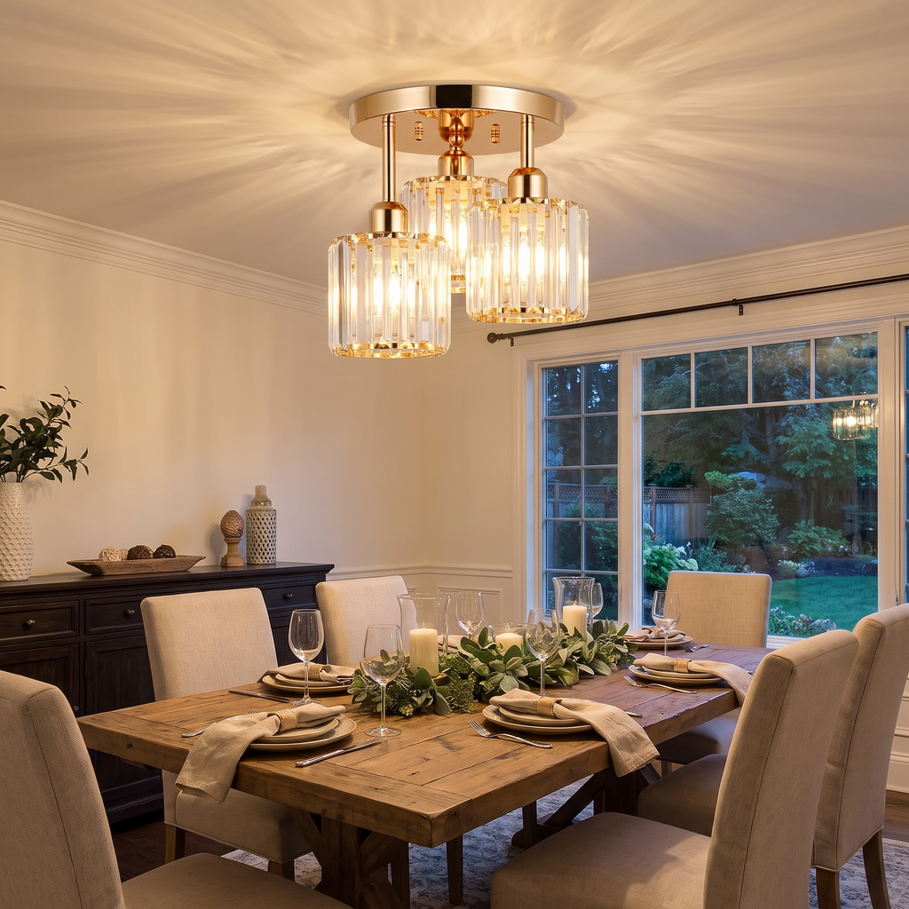 Modern Gold Luxury Crystal Ceiling Light | 3-Light Semi Flush Mount