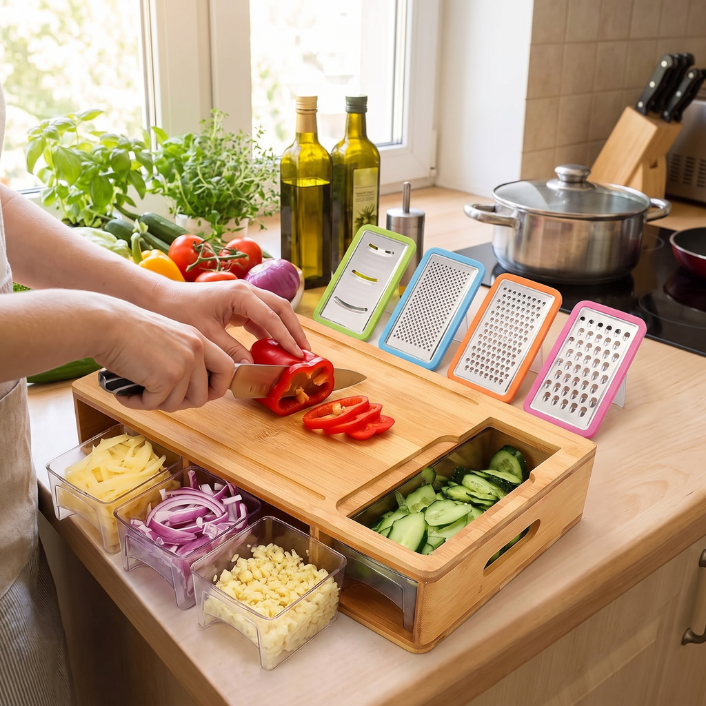 Bamboo Cutting Board with Storage Trays & Graters